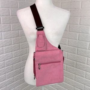 TRAVELON MESSENGER TRAVEL FAUX PINK SUEDE NYLON BAG